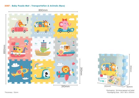 SUNTA bērnu puzles paklājs Transports un dzīvnieki, 9 daļas, 3087 