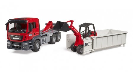 BRUDER 1:16 MAN TGS kravas automašīna ar nolaižamo konteineru un kompakto iekrāvēju 2630, 03767 03767