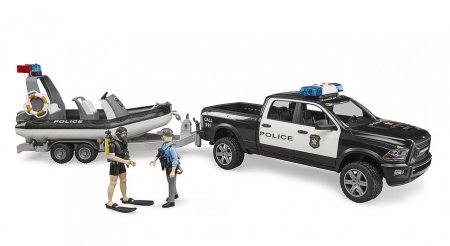 BRUDER RAM 2500 Police Pickup ar L+S moduli, piekabi un laivu, 02507 02507