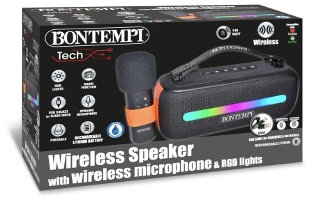 BONTEMPI TECH bezvadu skaļrunis ar bezvadu mikrofonu un RGB gaismām, 491050 