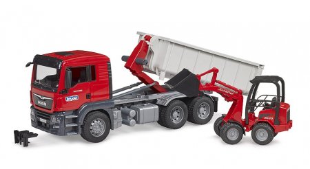BRUDER 1:16 MAN TGS kravas automašīna ar nolaižamo konteineru un kompakto iekrāvēju 2630, 03767 03767