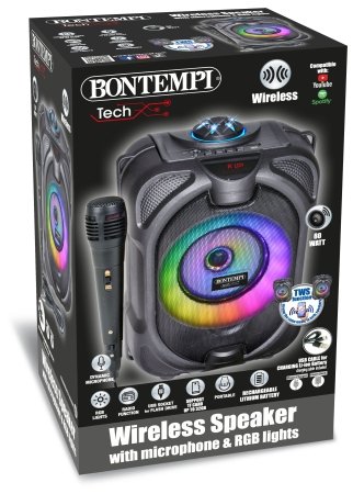 BONTEMPI TECH bezvadu skaļrunis ar mikrofonu un RGB gaismām, 491020 